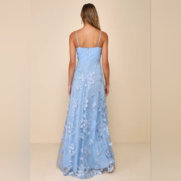 Lulus Rare Presence Powder Blue 3D Floral Surplice Maxi Dress M Wedding Party - Picture 5 of 10